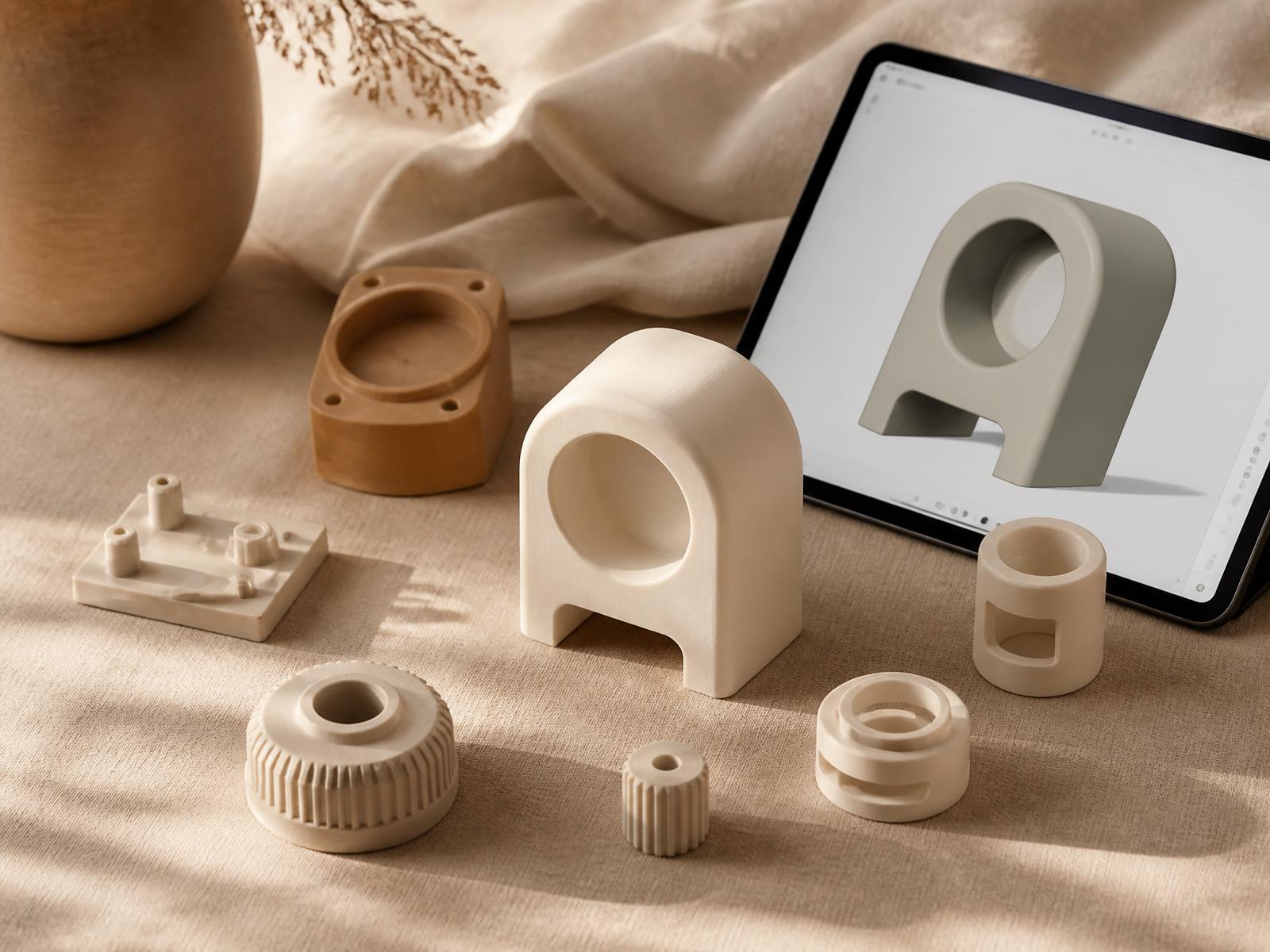 3D-gedruckte Bauteile und CAD-Modell im Studio von MACIEIRA Design